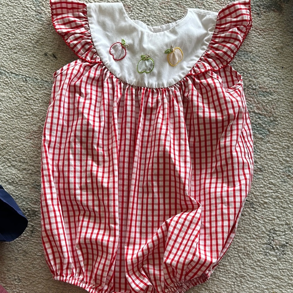 Red Gingham Baby Romper with Apple Embroidery